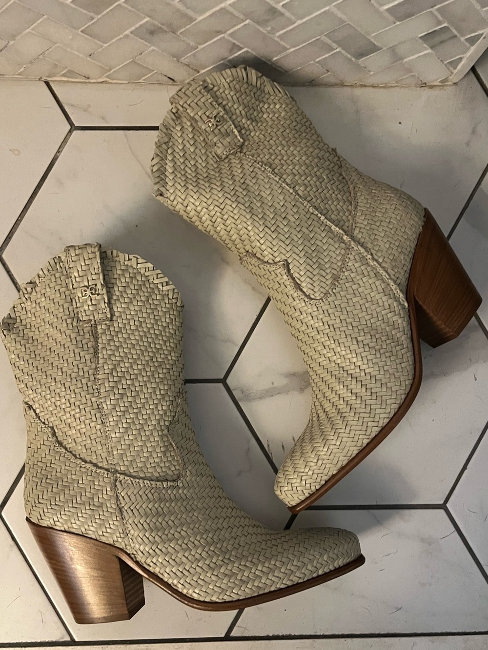 Sam Edelman Cream Woven Western Ankle Boots